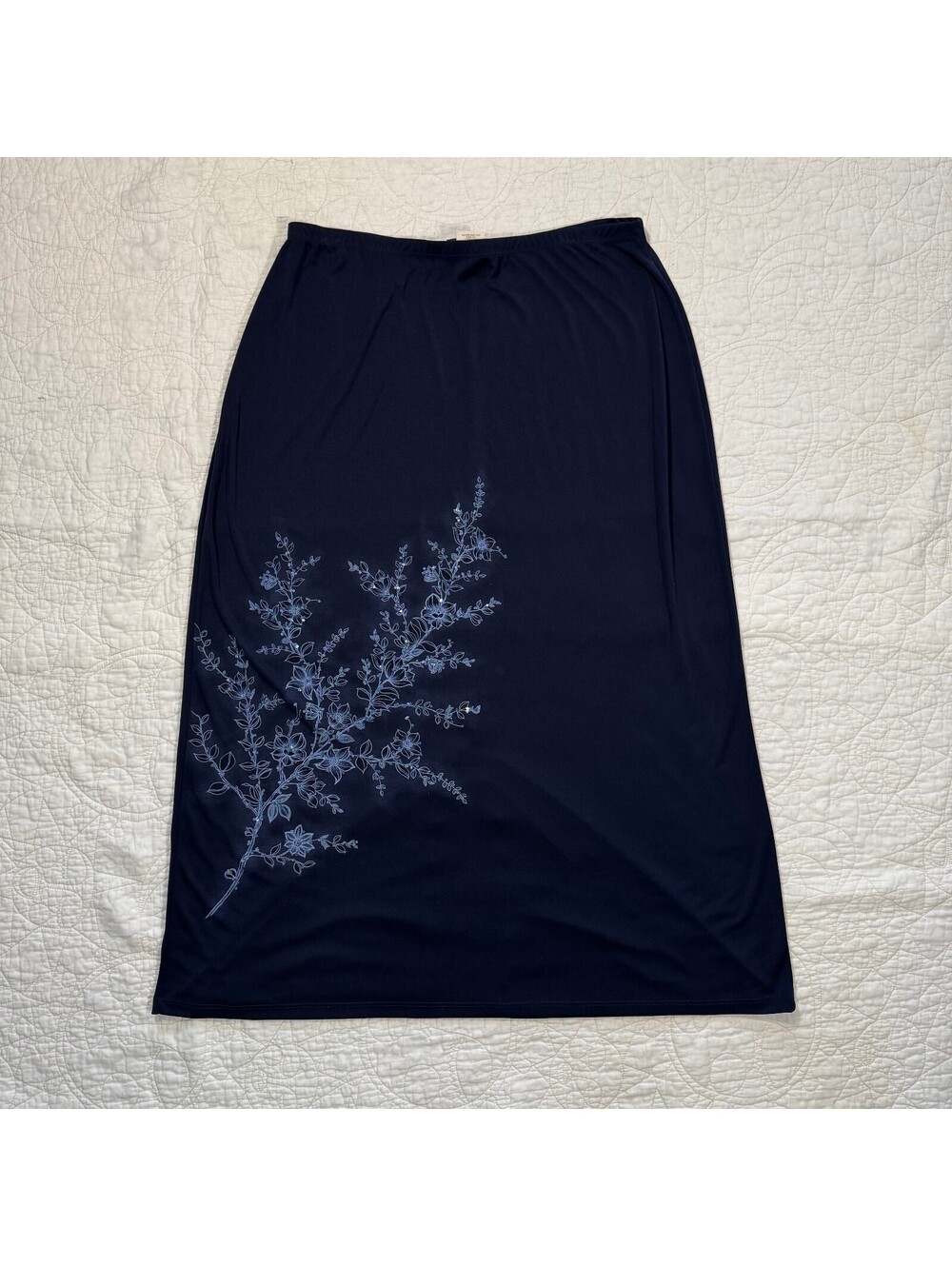 VTG 90s Dark Blue Maxi Skirt Light Blue Floral Embroidery & Sequins Size 18/20